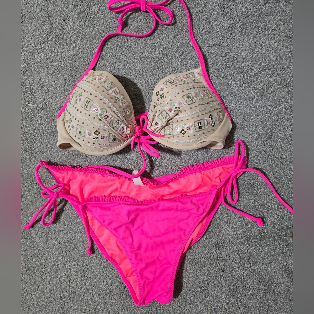 36 B Top M Bottom Victoria's Secret Neon Pink and Beige Bikini